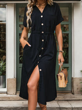 Load image into Gallery viewer, Slit Drawstring Button Up Short Sleeve Midi Dress
