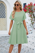 Load image into Gallery viewer, Pleated Tie Waist Short Sleeve Dress
