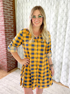Lookin' Cute Plaid Shirt Dress in Mustard