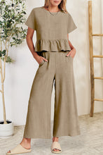 Load image into Gallery viewer, Peplum Round Neck Short Sleeve Top and Pants Set
