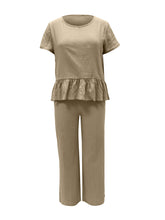 Load image into Gallery viewer, Peplum Round Neck Short Sleeve Top and Pants Set
