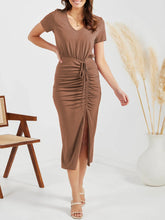 Load image into Gallery viewer, Ruched Slit V-Neck Short Sleeve Dress
