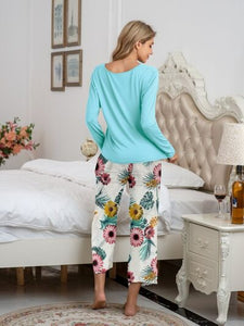 Round Neck Top and Printed Pants Lounge Set
