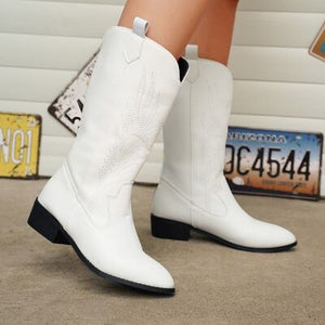 Embroidered Point Toe Block Heel Boots