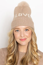 Load image into Gallery viewer, LOVE Ribbed Cuff Knit Beanie Hat w Pom Pom
