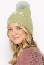 Load image into Gallery viewer, LOVE Ribbed Cuff Knit Beanie Hat w Pom Pom
