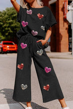 Load image into Gallery viewer, Heart Sequin Short Sleeve Top and Drawstring Pants Lounge Set
