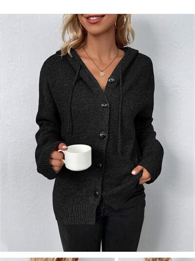 Drawstring Button Up Hooded Cardigan