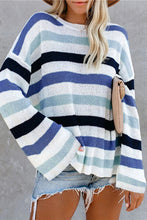 Load image into Gallery viewer, Striped Slit Round Neck Dropped Shoulder Sweater
