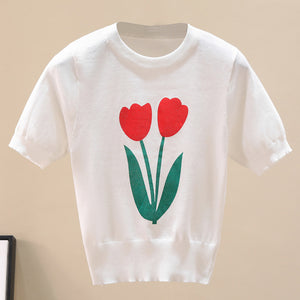 Flower Graphic Ribbed Trim Knit Top