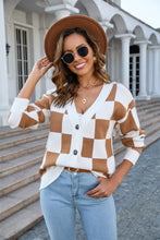 Load image into Gallery viewer, Button-Up Plaid V-Neck Dropped Shoulder Cardigan
