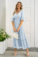 Load image into Gallery viewer, V-Neck Flounce Sleeve Smocked Waist High Slit Dress
