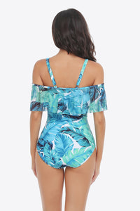Botanical Print Cold-Shoulder Layered One-Piece Swimsuit
