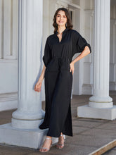 Load image into Gallery viewer, High Slit Roll-tab Sleeve Notched Neck Maxi Dress

