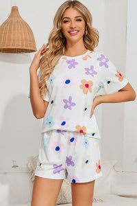 Floral Round Neck Raglan Sleeve Top and Shorts Lounge Set