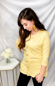Yellow 3/4 Sleeve Button Down Cardigan & Knit A-Line Tank Top Set