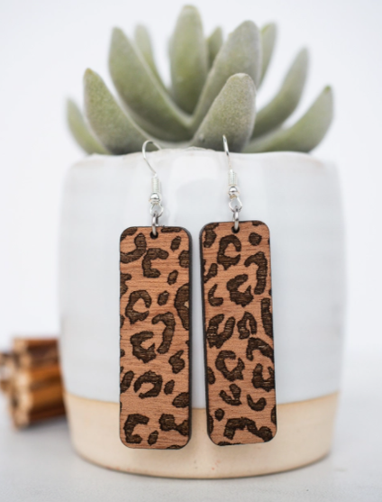 Engraved Leopard Wood Dangle Earrings