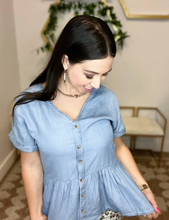 Load image into Gallery viewer, Chambray Peplum Cuff Sleeve Top
