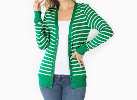 Green & White Striped Cardigan