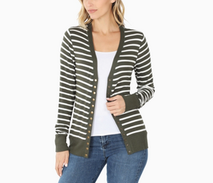 Olive Green & White Striped Cardigan