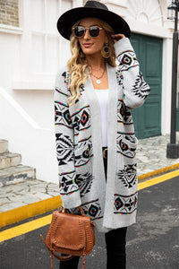 Pocketed Geometric Open Front Dropped Shoulder Cardigan