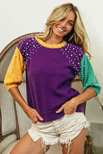 Load image into Gallery viewer, BiBi Color Block Pearl Detail Round Neck Sweater
