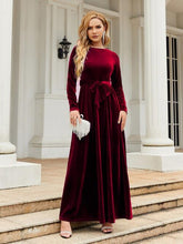 Load image into Gallery viewer, Tie Front Round Neck Long Sleeve Maxi Dress
