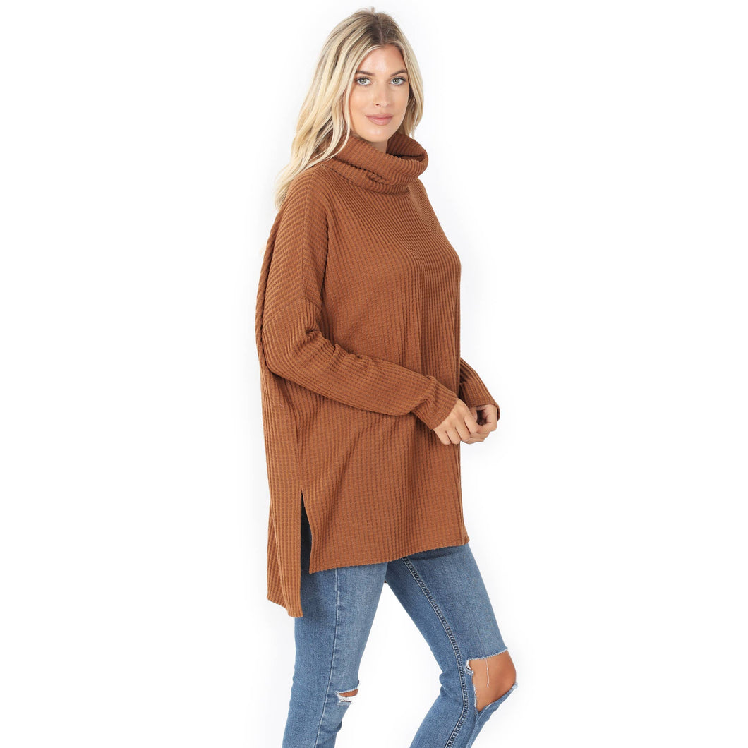 SI-16820 BRUSHED THERMAL WAFFLE COWL NECK HI-LOW SWEATER