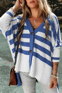 Striped Button Up Batwing Sleeve Cardigan