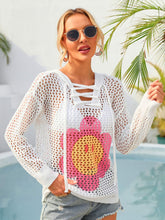 Load image into Gallery viewer, Flower Graphic Lace-Up Openwork Hooded Cover Up
